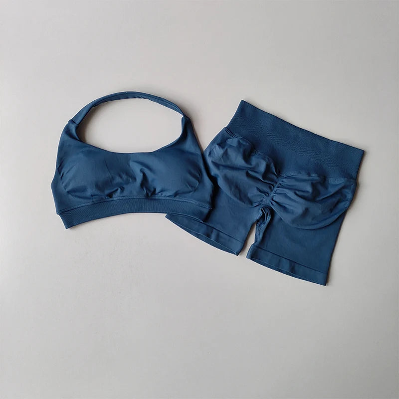 Conjunto Fitness Feminino – Top Halter + Shorts Cintura Alta